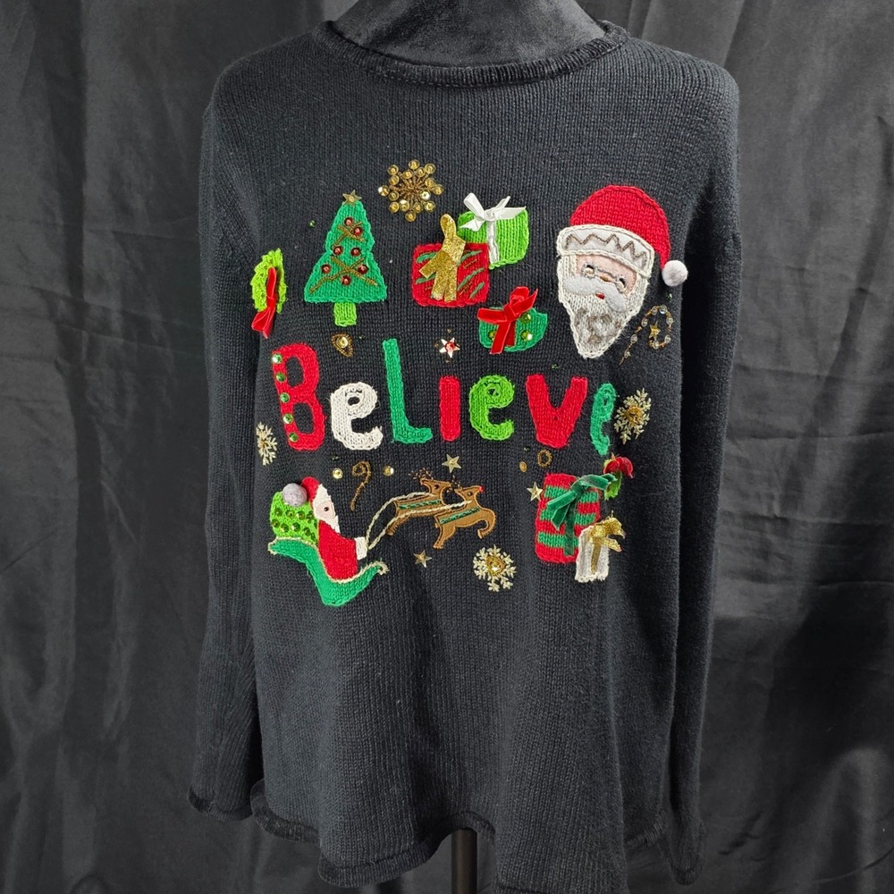 Vintage Tiara International Black Christmas Sweater Believe Embellished L 90's